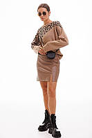Женская бежевая кожаная короткая мини юбка с разрезом
