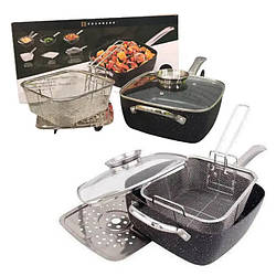 Сковорода-сотейник-фрітюрниця з антипригарним мармуровим покриттям та з кришкою 24 см, Знімна ручка