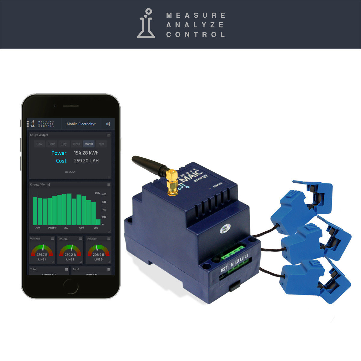 Розумний лічильник електроенергії c WiFi D103, трифазний, защіпка, зовнішна WiFi антена