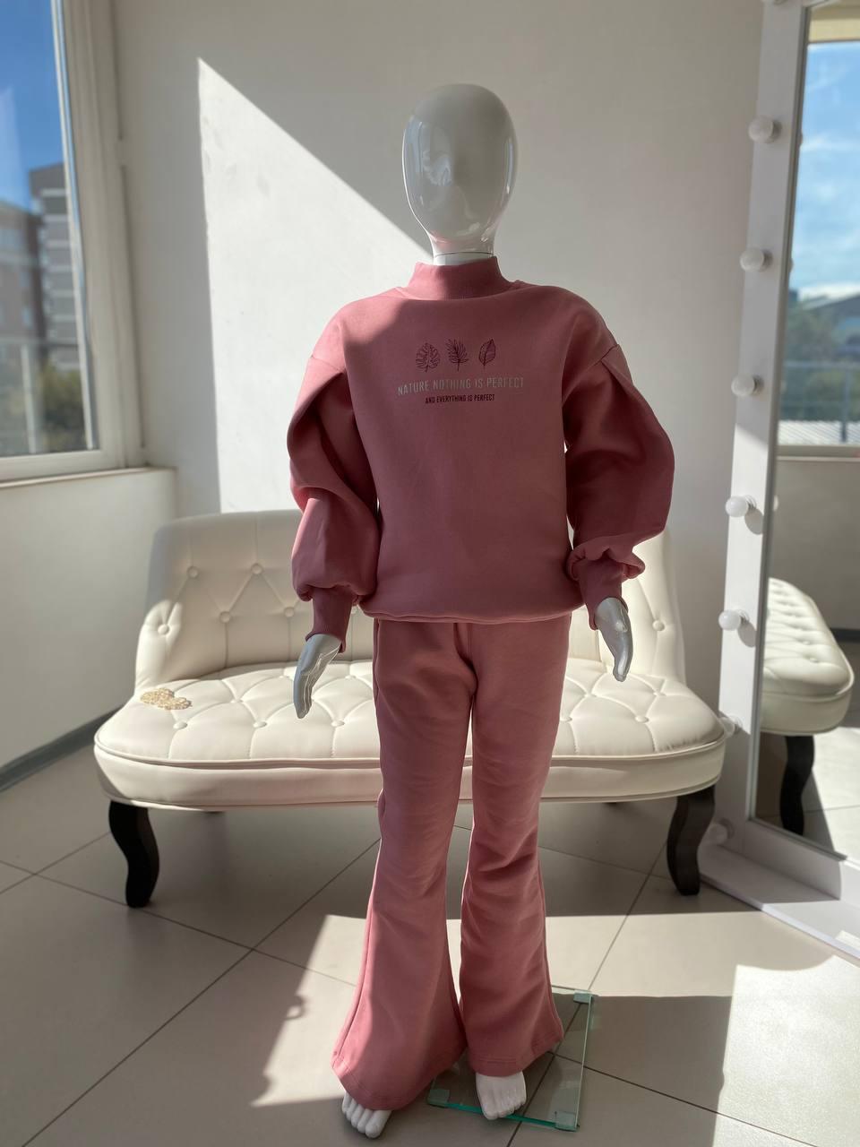 Теплий костюм на дівчинку на флісі "Листики" Пудровий 8092 165, Smile, Пудровый, Для девочек, Осень Зима, 10 лет, фото 1