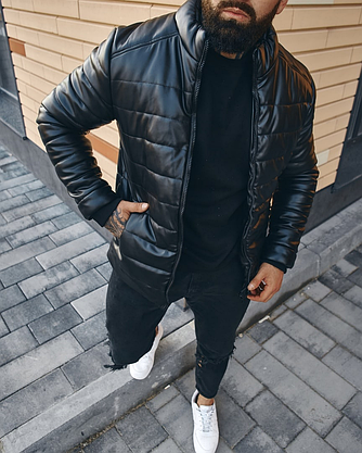 Куртка чоловіча чорна шкірянка осінь весна чоловіча куртка коротка з кишенями без капюшона на блискавці тепла, фото 4