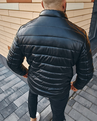 Куртка чоловіча чорна шкірянка осінь весна чоловіча куртка коротка з кишенями без капюшона на блискавці тепла, фото 5