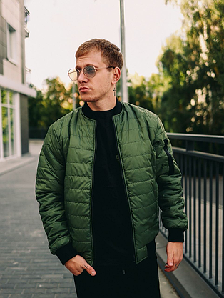 Мужской весенний бомбер цвет хаки куртка на молнии, мужские куртки бомберы однотонные весна-осень, фото 2