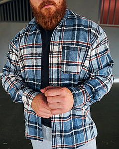 Чоловіча сорочка тепла на байці з начосом блакитного кольору, чоловічі сорочки стильні повсякденні картаті