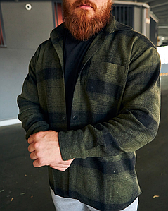 Сорочка чоловіча картата колір хакі демісезон з довгим рукавом чоловічі сорочки байкові з кашеміром бавовняні