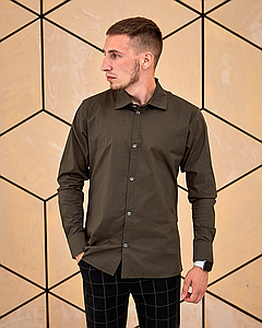 Чоловіча сорочка класична колір хакі, чоловічі сорочки льон із довгим рукавом на ґудзиках повсякденні