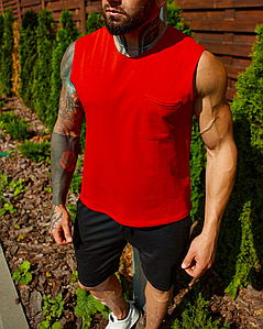 Майка чоловіча на літо зручна для хлопця червоного кольору, однотонна майка на чоловіка повсякденна з кишенею