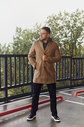 Чоловіче пальто класичне довге бежевого кольору, чоловіче стильне пальто весняно осіннє на ґудзиках, фото 4