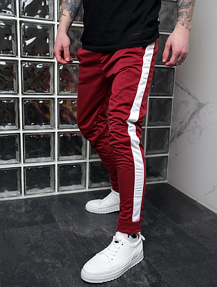 Чоловічі спортивні штани з лампасом на весну бордо-білого кольору з кишенями на манжеті штани стильні модні, фото 3