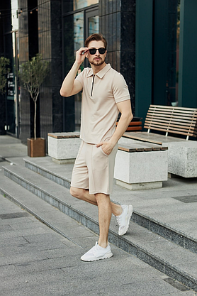 Чоловічий спортивний костюм літній легкий на хлопця комплект Бос бежевий, чоловічі літні модні комплекти, фото 2