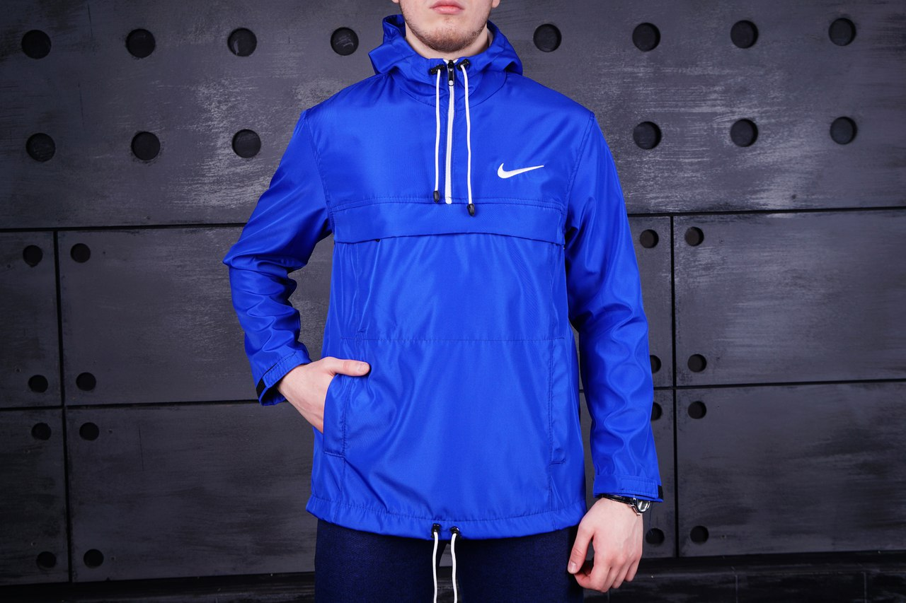 Чоловіча весняна анорак Nike вітровка синьо-чорна, чоловічі вітровки спортивні легкі з капюшоном повсякденні M, Синій, Чоловічий