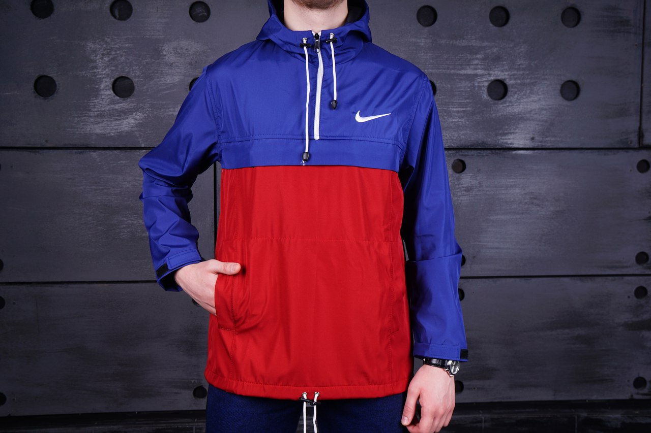 Чоловіча весняна анорак Nike вітровка синьо-червона, чоловічі вітровки спортивні легкі з капюшоном на хлопця
