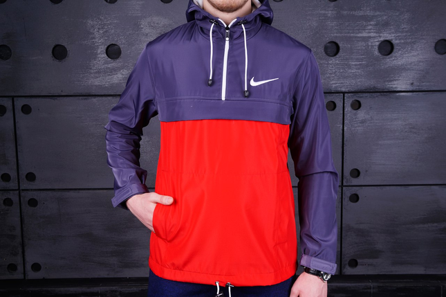 Чоловічий анорак Nike весняно осінній вітровка сіро-червона, чоловічі вітровки спортивні з капюшоном легкі, фото 1