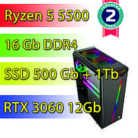 Игровой компьютер / ПК AMD Ryzen 5 5500 (6 x 4.2 GHz) / 16Gb DDR4 / SSD 500 Gb + 1Tb / RTX 3060 12Gb