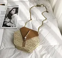 Женская плетеная сумка мини на цепочке, соломенная маленькая сумка шестигранная Разные цвета Коричневый