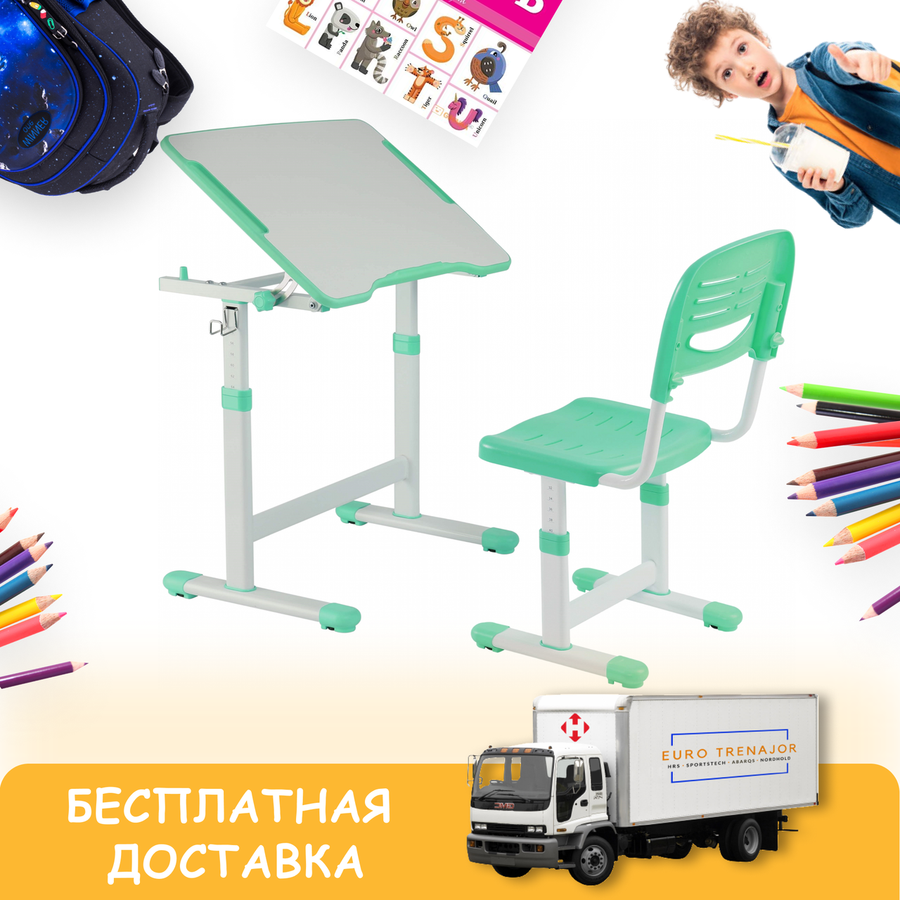 Дитяча Зростаюча Парта -Трансформер і Регульований Стілець FunDesk Piccolino II Green, Набір Дитячих Меблів