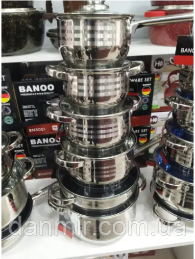 Набір посуду 12 предметів Banoo BN-5001 з неіржавіючої сталі та багатошаровим дном комплект каструль для дому, фото 1