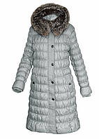 Пуховик пальто женское длинное, натуральный пух, натуральная чернобурка, капюшон Mirage Светло-фисташковый