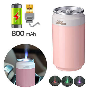 Компактний зволожувач повітря FLAME Humidifier "БАНКА" з акумулятором і підсвічуванням, ультразвуковий, рожевий