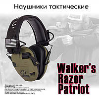 Наушники тактические Walker s Razor Patriot OD Green патч USA (олива) артиллерийские для стрельбы активные NRR