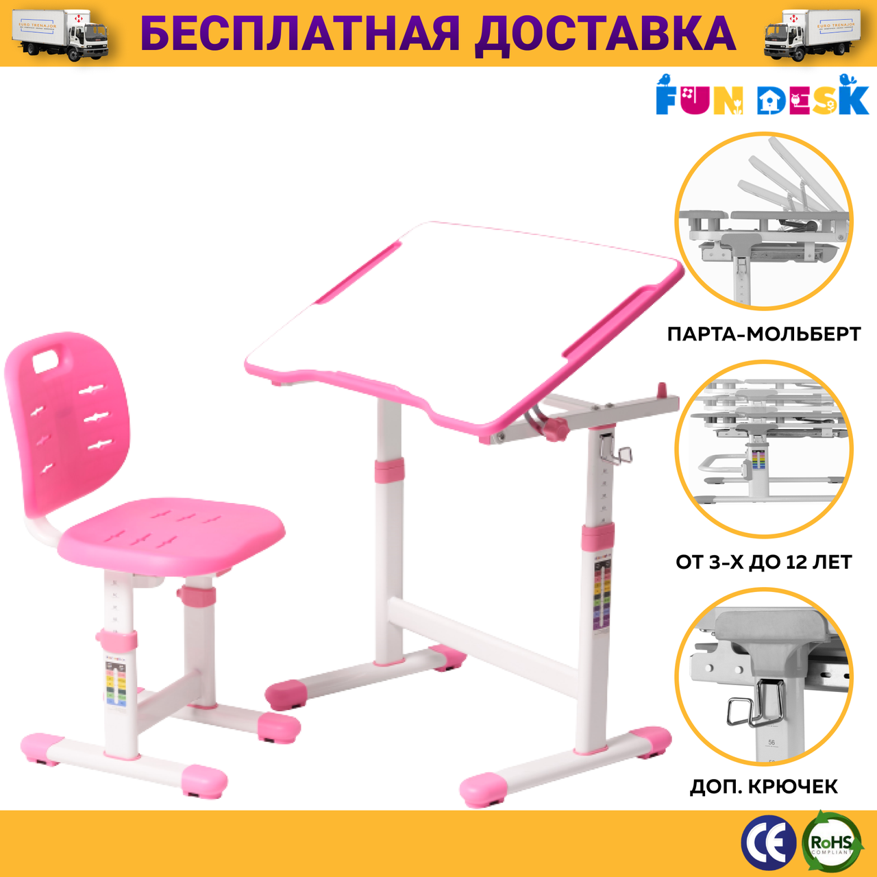 Комплект Парта і Ортопедичний Стілець-Трансформери для Дітей FunDesk OMINO Pink, Комплект Дитячих Меблів