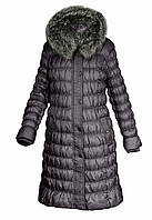 Пуховик пальто жіноче довге, натуральний пух, натуральна чорнобурка, капюшон Mirage Фрезовий