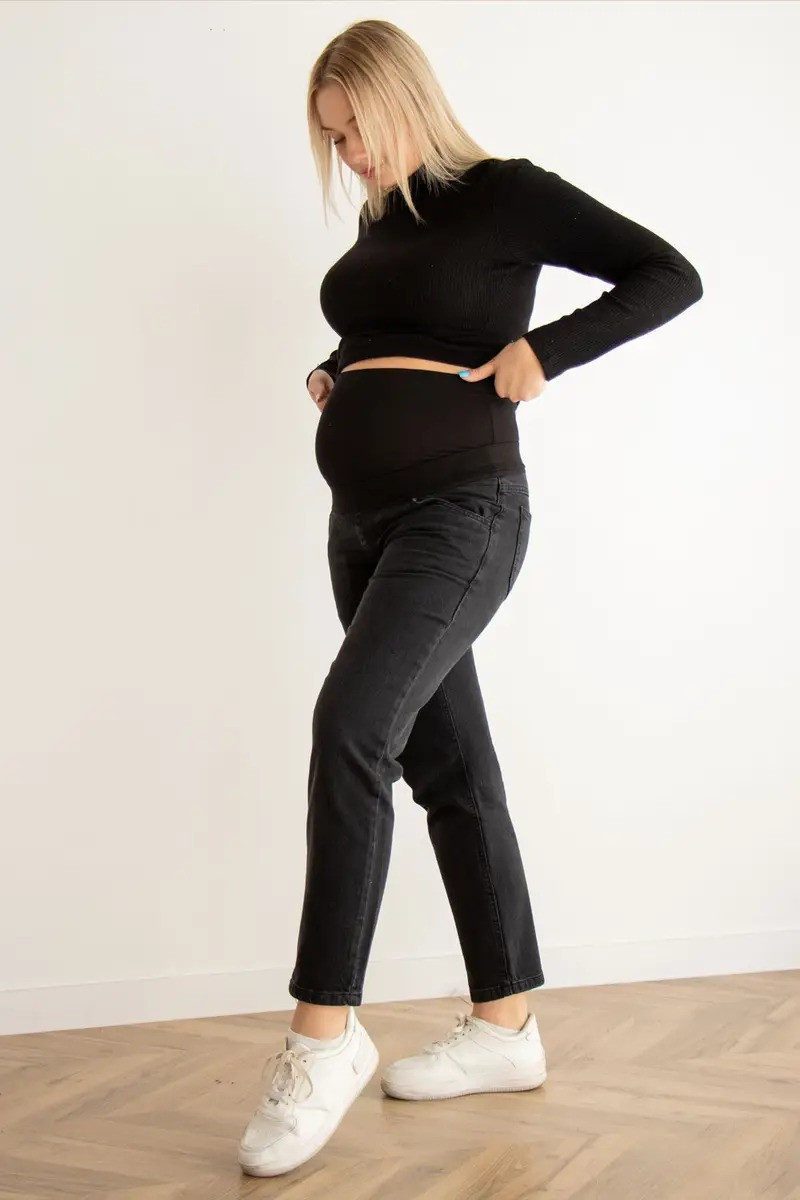 Чорні джинси для вагітних Mom подвійна підтримка живота - бандажна резинка та трикотажний пояс, 2172504-4-Ч