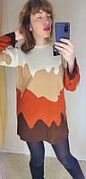 Женский свитер кофта туника шерсть бежевая яркий принт волна свободная удлинённая хорошего качества Турция