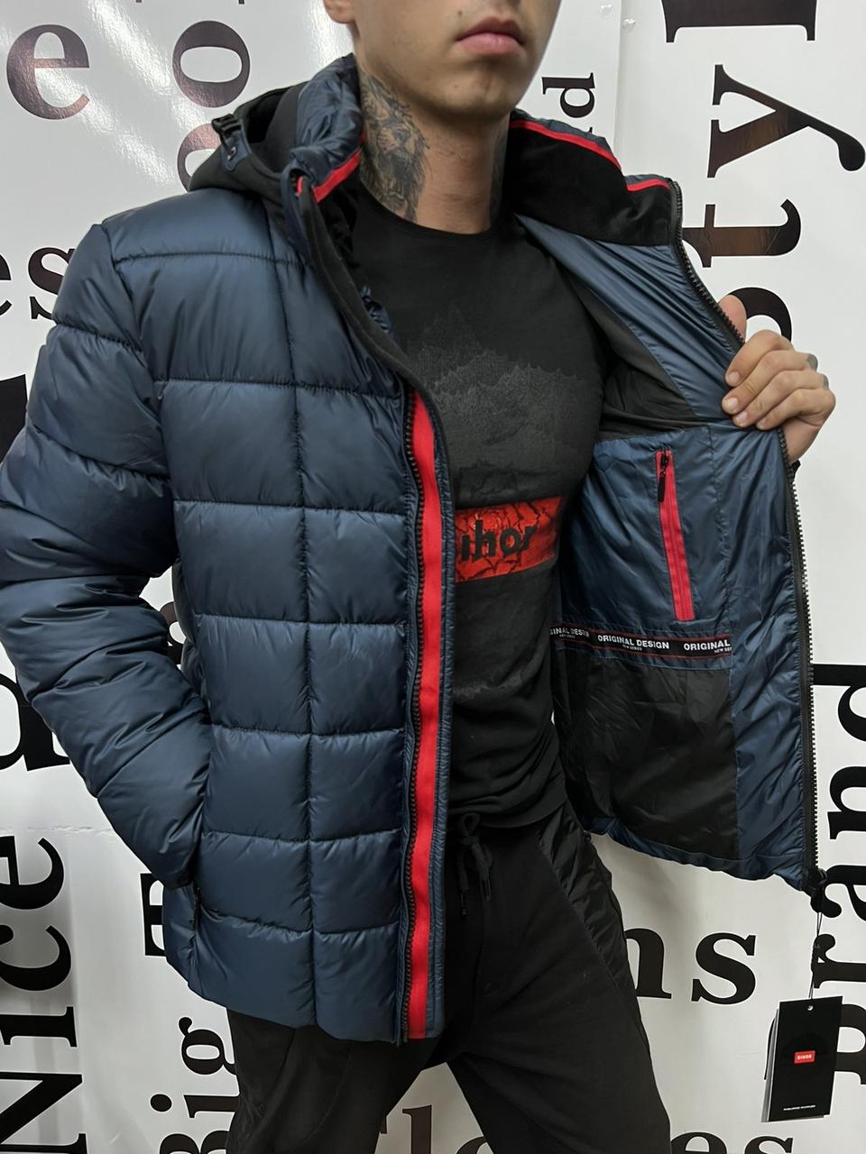 Куртка чоловіча зимова з трикотажним капюшоном 46 синя, фото 1