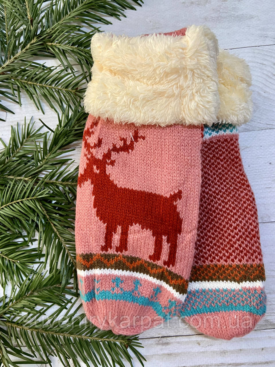 Рукавички жіночі  Олені рожевий, фото 1