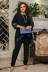 Жіночий брючний чорний костюм з асиметричною блузою батал