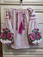 Вышиванка сорочка детская для девочек лен в белом цвете с вышивкой от 140 по 158 размер