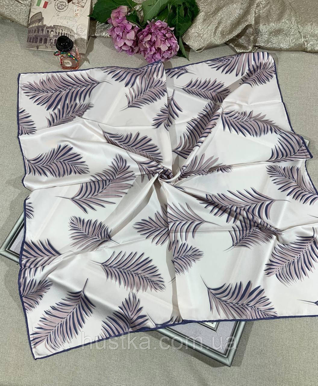 Шовкова хустка Грація leaves 90*90 см айворі ручна обробка краю