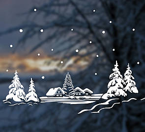 Інтер'єрна новорічна наклейка Затишне село (будинки, ялинки, сніг)