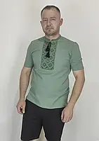 Трикотажні футболки вишиванки кольору хакі вишиті зеленим орнаментом