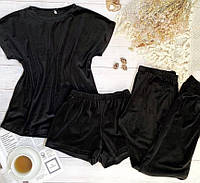 Черная плюшевая женская пижама тройка с 42 по 52 размер