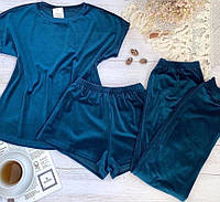 Синяя плюшевая женская пижама тройка с 42 по 52 размер