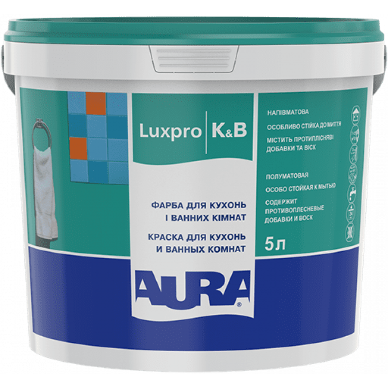 Aura Luxpro K&B, влагостойкая краска для кухонь и ванных комнат, полуматовая, 5л - фото 1 - id-p1701880845