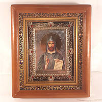 Икона Кирилл святой равноапостольный, лик 10х12 см, в коричневом деревянном киоте с камнями
