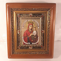 Икона Споручница Грешных Пресвятая Богородица, лик 10х12 см, в коричневом деревянном киоте с камнями