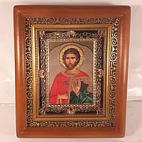 Икона Евгений святой мученик, лик 10х12 см, в коричневом деревянном киоте с камнями