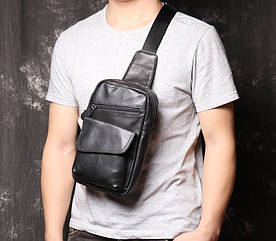 Чоловіча шкіряна бананка сумка на груди, нагрудна барсетка з натуральної шкіри чорна(BRT)