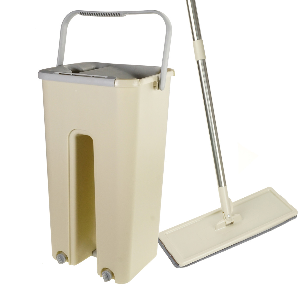 Швабра та Відро Scratch Cleaning Mop зі складаною ручкою та системою віджимання насадки мікрофібри 4,5 л Молочний беж