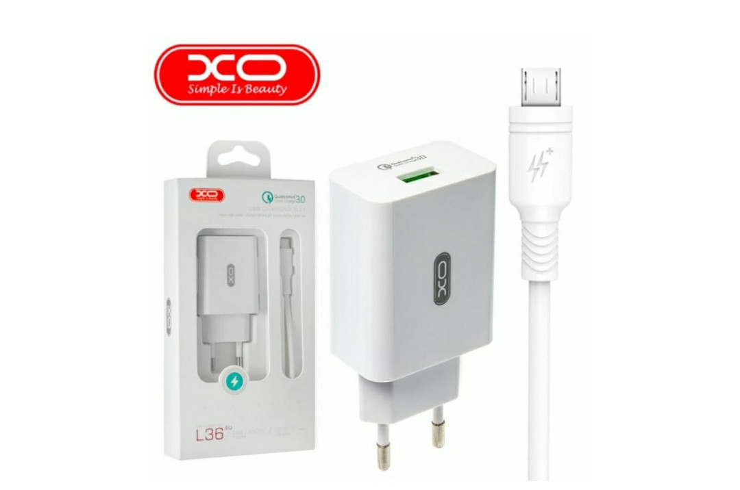 Блок живлення XO-L36 з кабелем Micro - USB / Швидка зарядка Quick Charge 3.0 / Білий