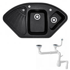 Кутова чорна гранітна мийка 1060х575 трапеція Adamant Consensus 03