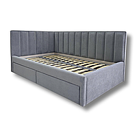 Дитяче підліткове односпальне м'яке кутове ліжко MeBelle KAYA 90х190 см з ящиками, темно-сірий велюр