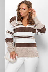 Жіночий светр джемпер у смужку декольте з вирізом коричневий