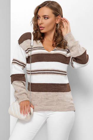 Жіночий светр джемпер у смужку декольте з вирізом коричневий, фото 1