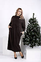 Платье женское трикотажное свободного покроя шоколадного цвета мягкое стильное большого размера 56
