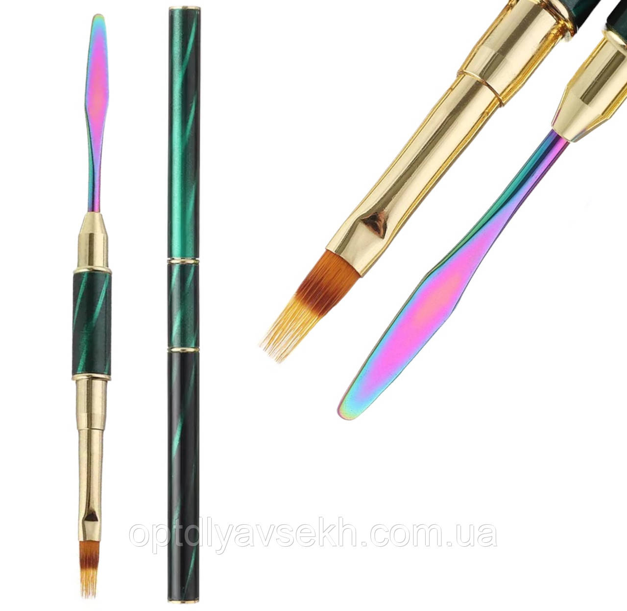 Двосторонній пензель для омбре (градієнта) + шпатель для полігелю, зелена з ковпачком, фото 1